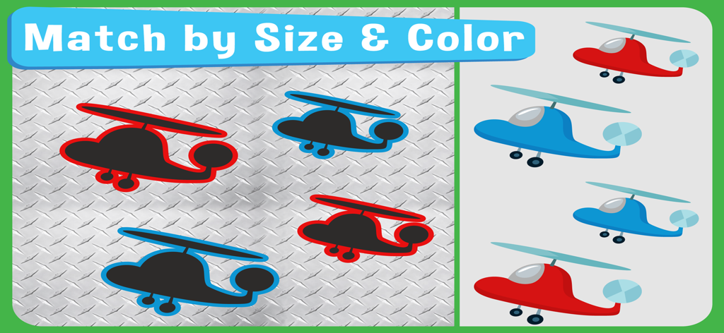 Educational game screen for matching helicopters by size and color