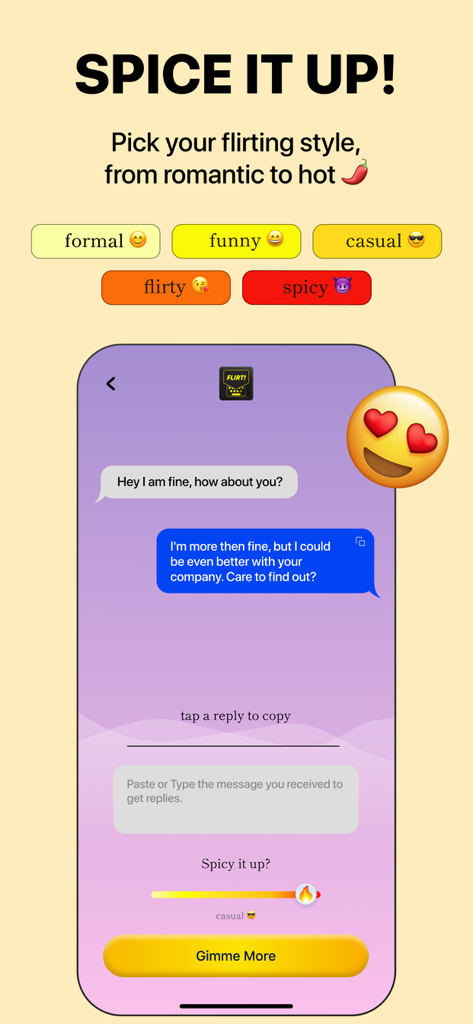 RizzPRO - AI Flirt Keyboard - Screenshot of the RizzPRO app showing various flirting style options like formal, funny, flirty, and spicy with an AI generated chat response example.