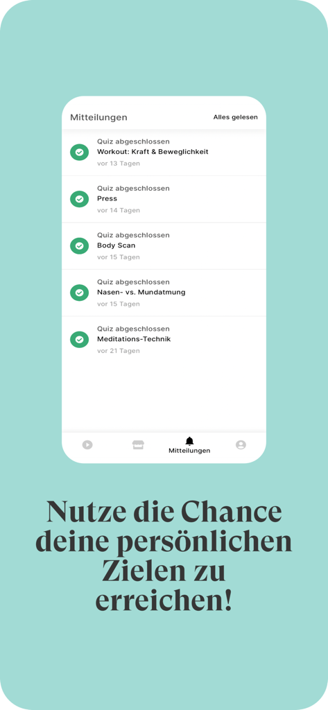 Work It Training - Una interfaz móvil de la aplicación Work It Training que muestra una lista de actividades de salud y fitness completadas, incluyendo entrenamientos, escaneos corporales y técnicas de meditación.
