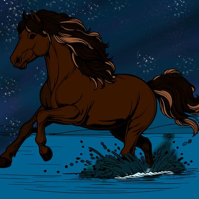 realistic horse with flowing mane galloping thru water on beach
