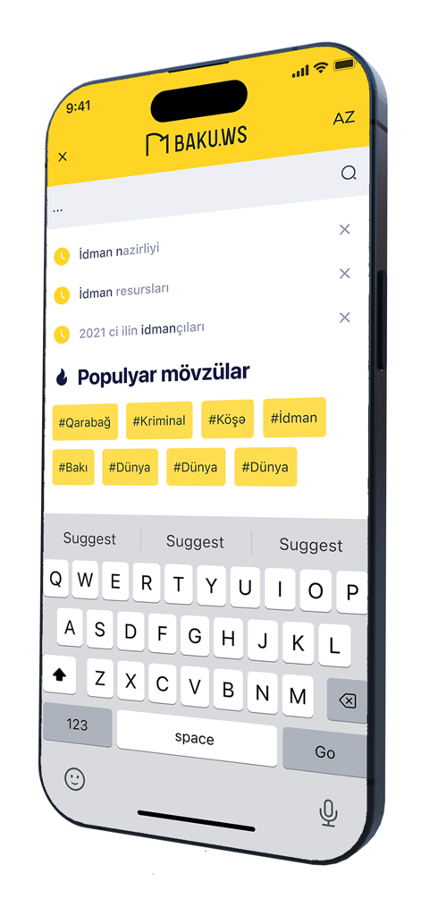Baku.Ws Xəbər Agentliyi - Search interface of the Baku.Ws news app showing popular topics and trending hashtags in Azerbaijani
