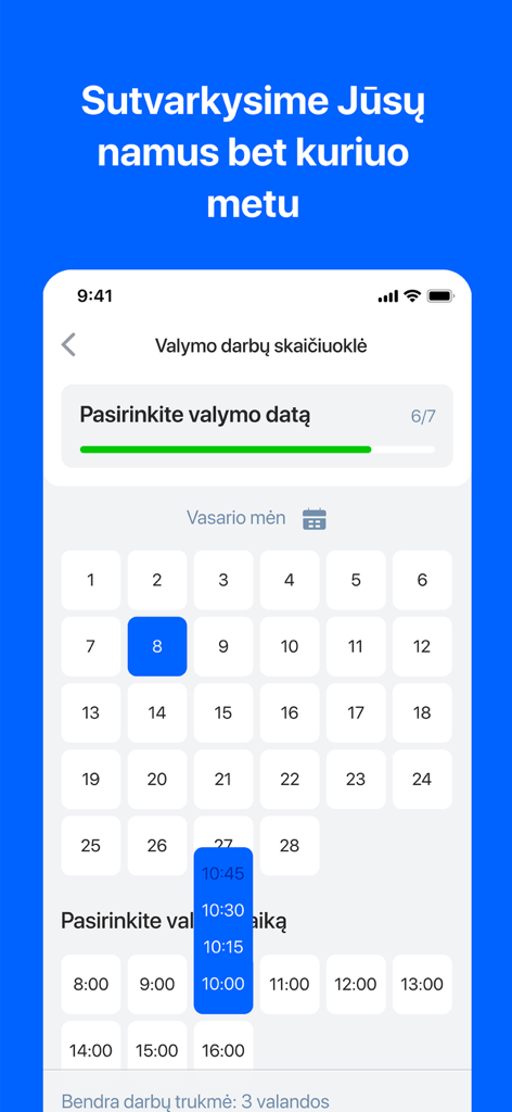 Schermata di prenotazione dell'app InClean che mostra un calendario e un selettore di orario per programmare un servizio di pulizia professionale per la casa.