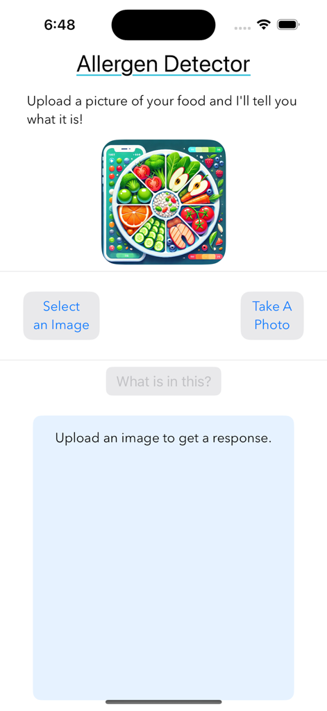 Food Allergy Detector - Interface do aplicativo Food Allergy Detector mostrando opções para carregar ou tirar uma foto de comida para análise de ingredientes