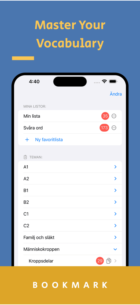 Lexin Offline - Captura de pantalla de un smartphone de la aplicación Lexin Offline que muestra listas de vocabulario sueco personalizables y niveles de competencia de A1 a C2.