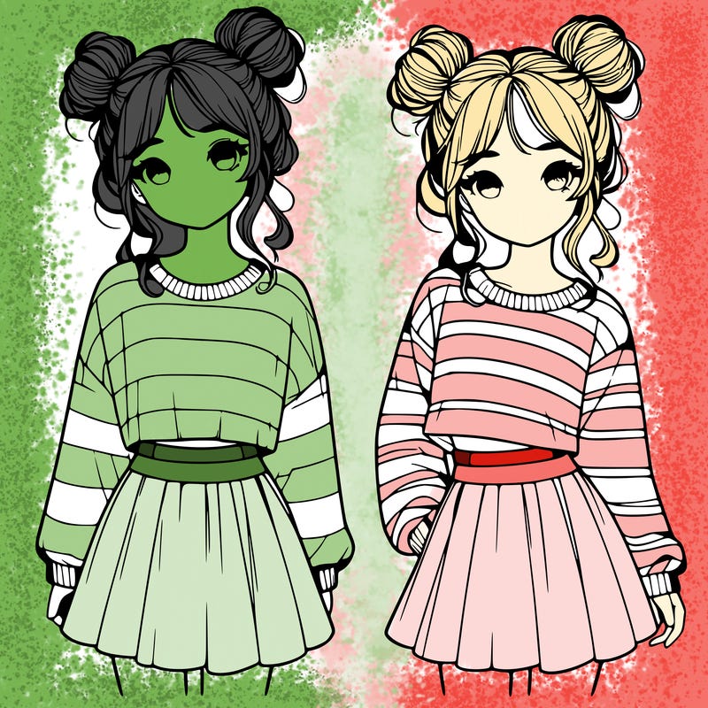realistic girl with buns in her hair wearing a striped sweater and a skirt