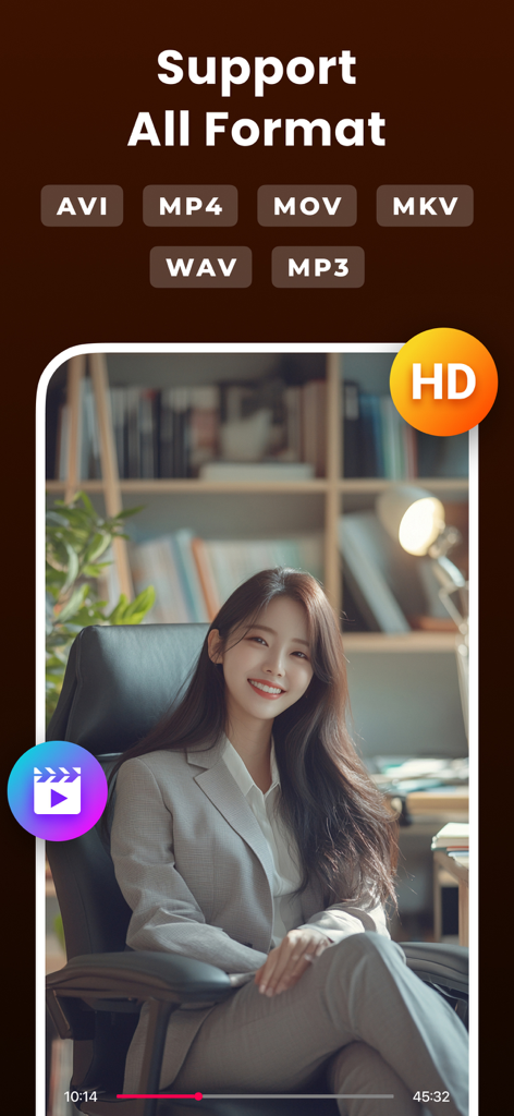 Video Player - All Formats - Interface of Video Player app showing support for multiple formats like AVI MP4 MOV and MKV with HD playback.