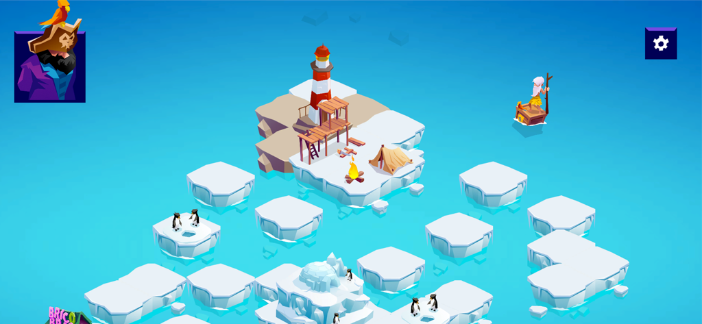 Un niveau d'île arctique coloré en 3D dans Archipel Apps, avec un phare et des pingouins