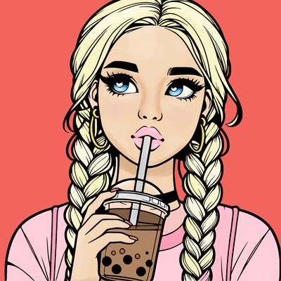 realistic girl with braided hair drinking boba