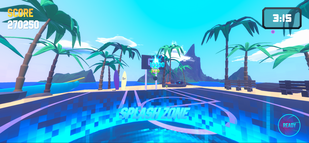 First Person Hooper - First person perspective of a basketball court on a tropical beach with palm trees and a splash zone