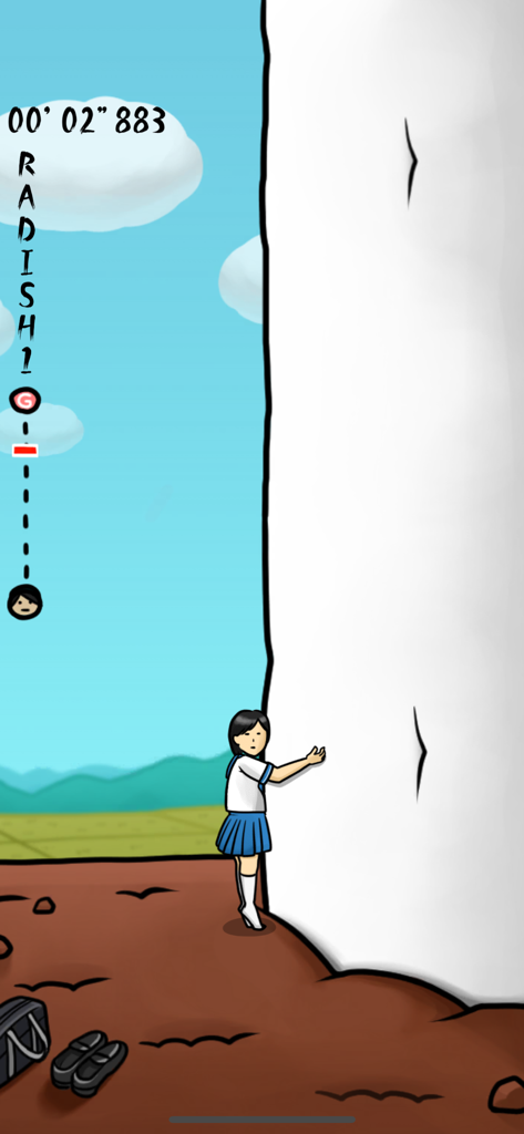 RadishGirl - Uma garota do ensino médio em uniforme escolar começando a escalar um rabanete branco maciço no jogo RadishGirl.