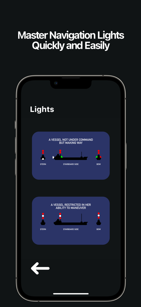 COLREG - COLREG app interface showing maritime navigation light configurations for vessels not under command and restricted in maneuverability