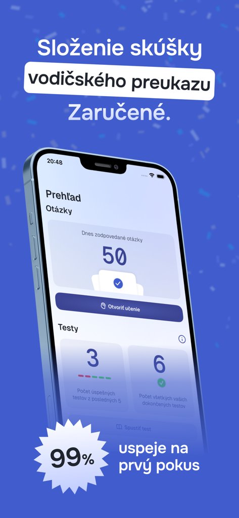 Autoškola - 2026 (SK) - Pantalla de resumen de la aplicación Autoskola 2026 mostrando estadísticas del examen de conducir y garantía de tasa de aprobación