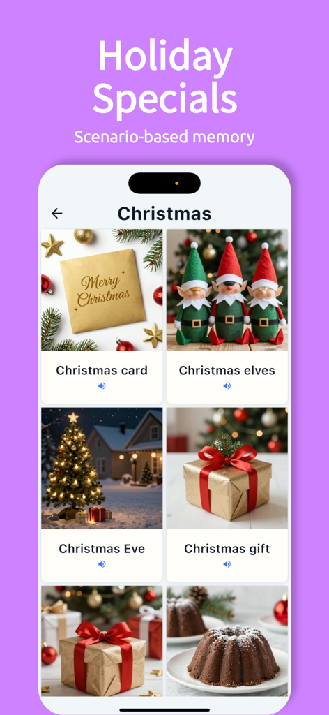 LingoCap Take Photos to Learn - LingoCap app interface showing scenario based memory cards for Christmas vocabulary