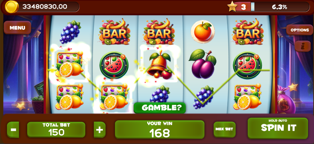 Casino Games: Golden Club 777 - Una vibrante interfaz de máquina tragaperras móvil con símbolos de frutas y un mensaje de victoria en Golden Club 777.