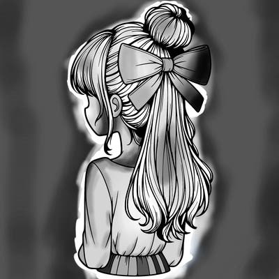 realistic girl  with hip length hair a bun and a big bow on the back of head