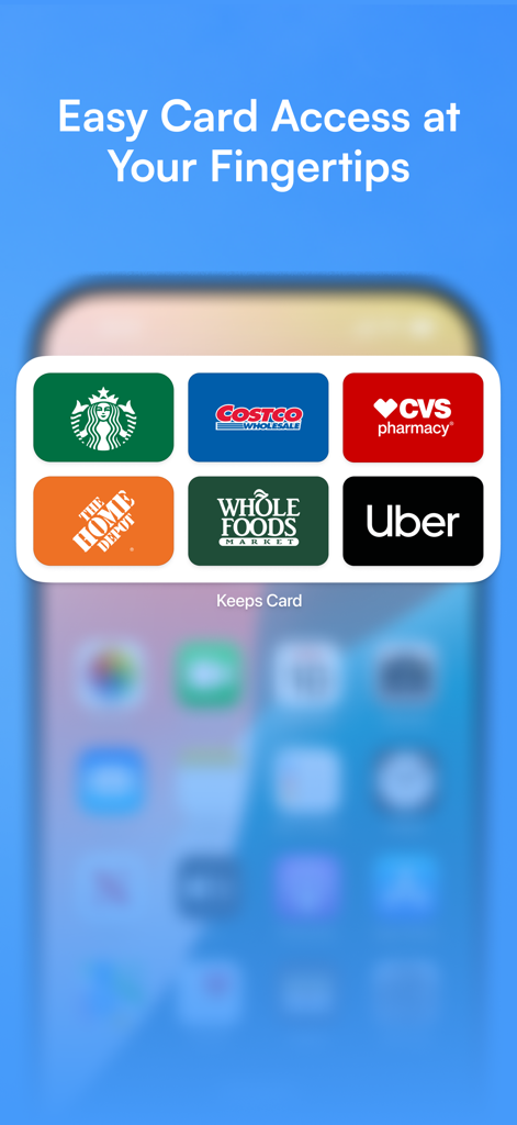 Keep Card - Loyalty Wallet - iPhone home screen widget showing loyalty cards for Starbucks Costco and CVS in the Keep Card app