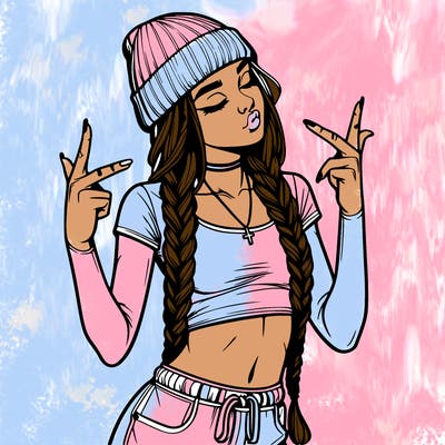 realistic teenage girl with braids and a beanie and crop top doing 🫶🏼