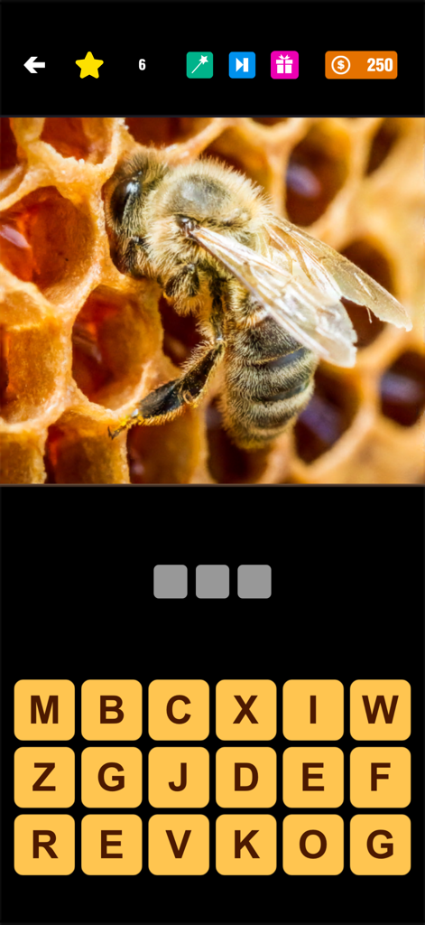 Una captura de pantalla del juego de la aplicación Pics Quiz Trivia que presenta una abeja en un panal y un acertijo de palabras.