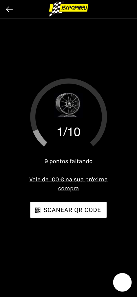 Expopneu - Expopneu app loyalty program screen showing points progress and QR code scan button.