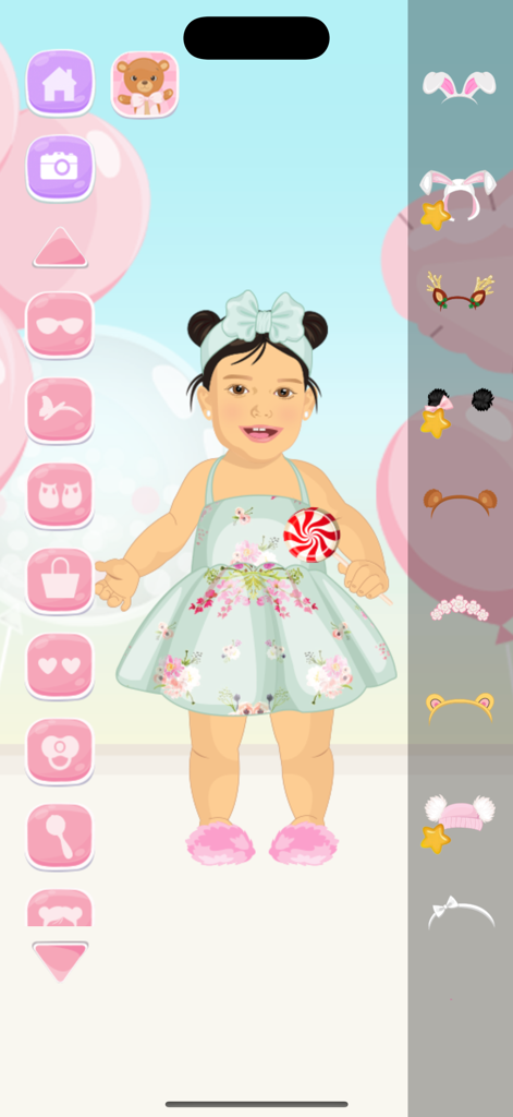 Fashion Baby: Dress Up Game - 花柄のドレスを着て、ヘッドアクセサリーのオプションとドレスアップゲームのインターフェースにロリポップを持ったかわいいベビーキャラクター
