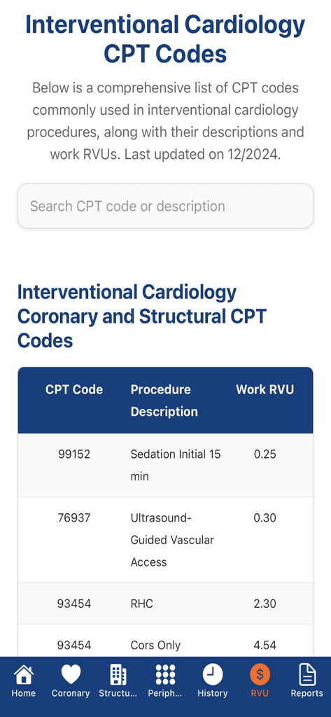 Interventional Cardiology Hub - Table displaying Interventional Cardiology CPT codes procedure descriptions and work RVU values in the mobile app