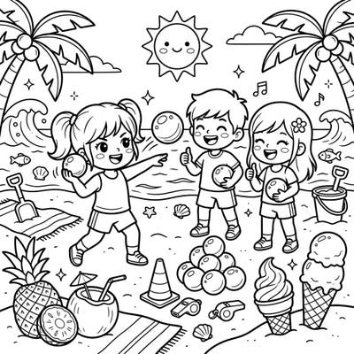 Get ready for a sun-soaked coloring adventure with this adorable page featuring kids enjoying a summer day at the beach. Watch as they playfully engage in 'shot put' with their beach balls, surrounded by tropical delights perfect for young artists.
