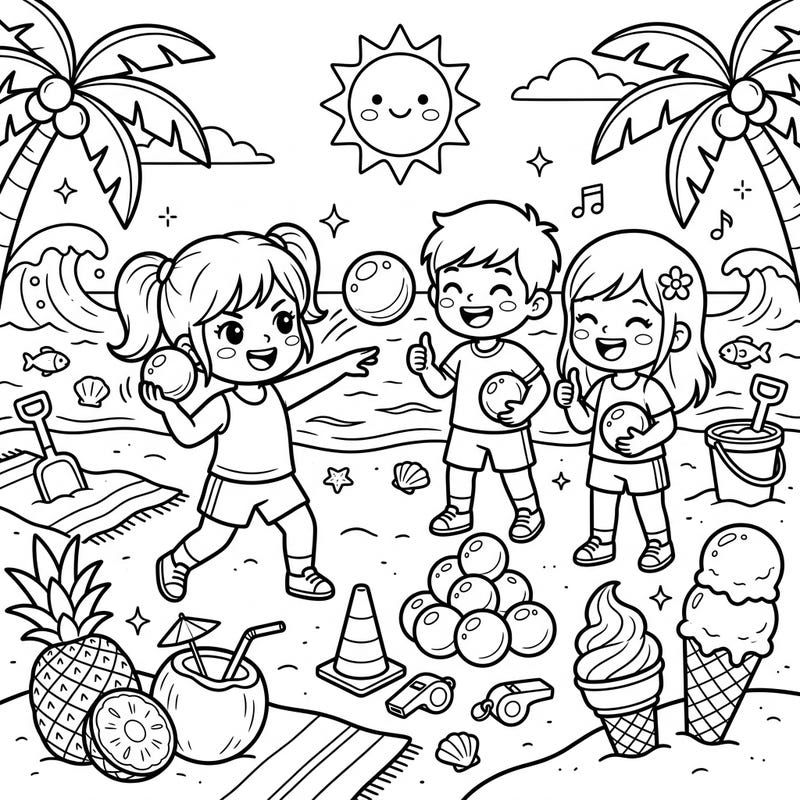 Get ready for a sun-soaked coloring adventure with this adorable page featuring kids enjoying a summer day at the beach. Watch as they playfully engage in 'shot put' with their beach balls, surrounded by tropical delights perfect for young artists.