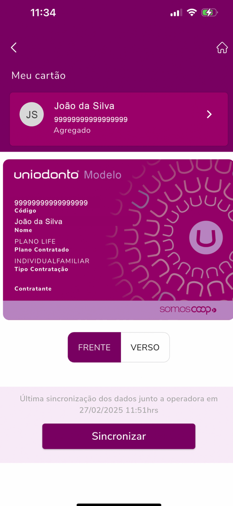 Uniodonto Beneficiário - Digital dental insurance ID card displayed in the Uniodonto Beneficiario app showing beneficiary details and plan type