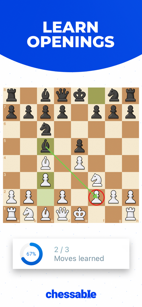 L'interface de l'application Chessable montrant un échiquier interactif pour apprendre les ouvertures avec un suivi de progression en bas.