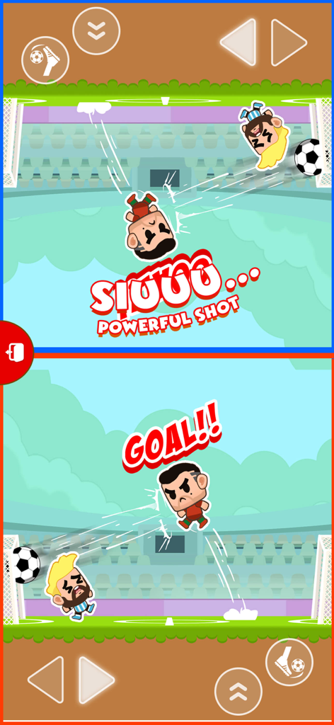Minijuego de fútbol multijugador en pantalla dividida para dos jugadores con personajes de dibujos animados marcando goles.