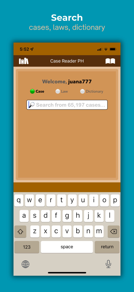 Pantalla de búsqueda de la aplicación CaseReaderPH que muestra opciones para buscar entre casos legales, leyes y términos de diccionario
