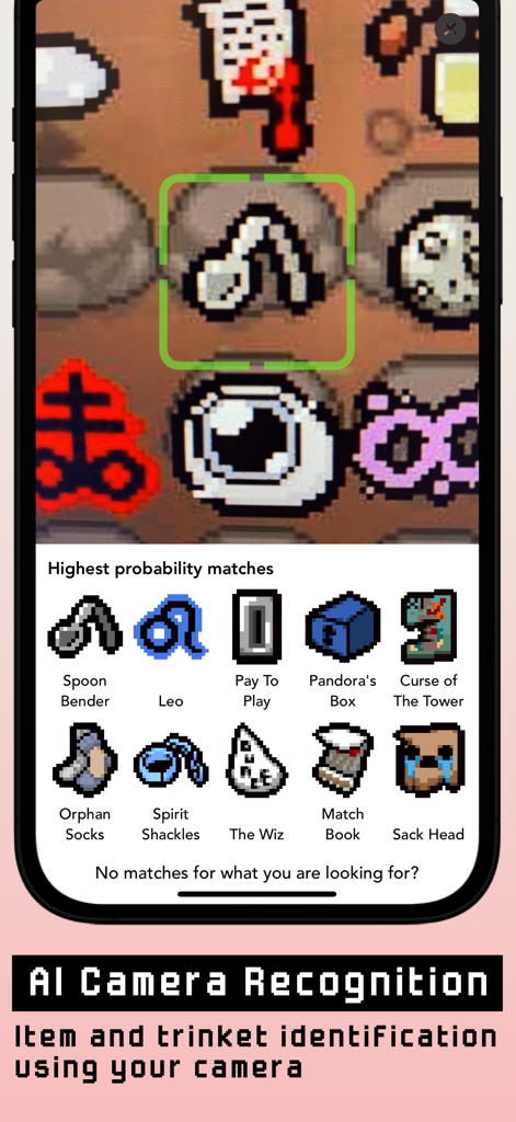 Guide+ for Binding of Isaac - Smartphone screen showing AI camera recognition feature identifying items from The Binding of Isaac game