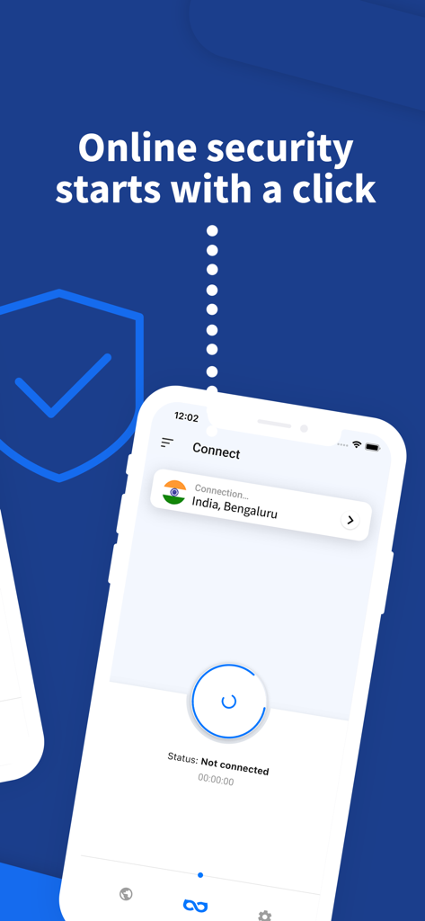 uVPN: Super Fast Secure VPN - Interface de l'application uVPN sur iPhone montrant un écran de connexion en un clic pour la sécurité et la confidentialité en ligne.