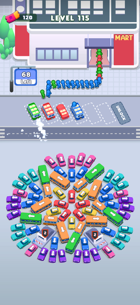 Bus Escape: Traffic Jam - Uma tela de jogabilidade de Bus Escape Traffic Jam mostrando um puzzle circular de carros e passageiros coloridos esperando transporte.
