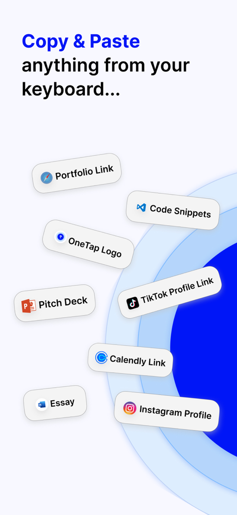Zwischenablage-Manager, der verschiedene Tastatur-Verknüpfungen für Links, Dateien und Social-Media-Profile anzeigt