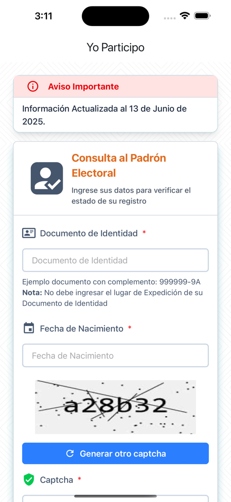Yo Participo Bolivia - Schermata di controllo della registrazione elettorale per l'app Yo Participo Bolivia