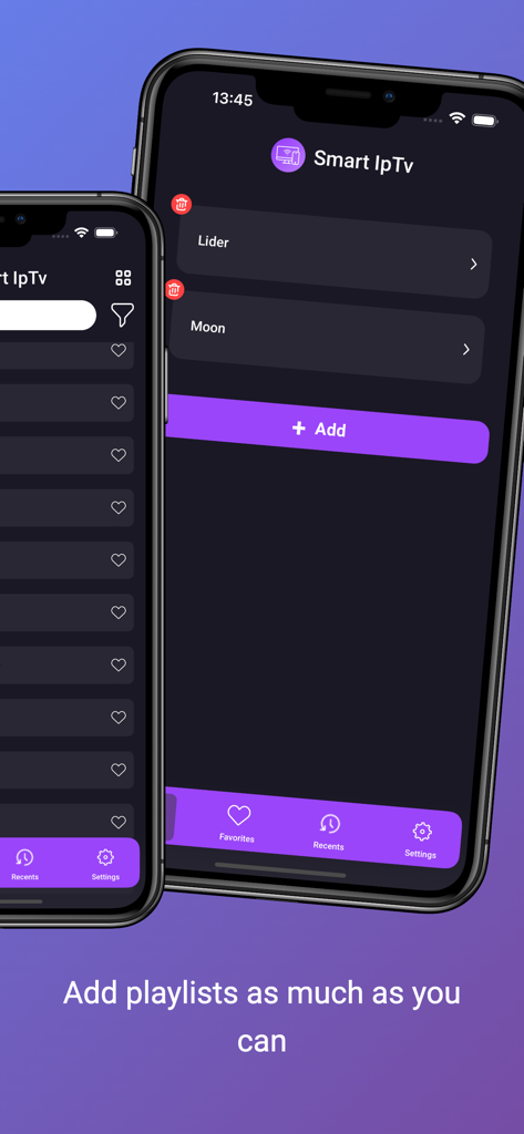 Smart IPTV - Mobile TV - Smart IPTV App-Oberfläche, die den Playlist-Verwaltungsbildschirm mit einer Schaltfläche zum Hinzufügen und aufgeführten Kanälen zeigt