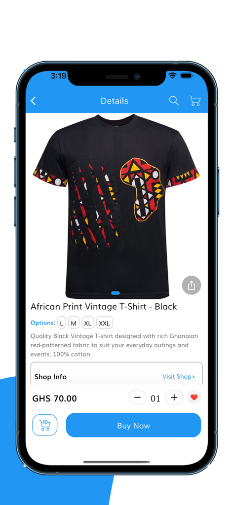 Tuduオンラインショッピングアプリで、価格と「今すぐ購入」ボタンが表示された黒いアフリカンプリントのヴィンテージTシャツの商品ページ