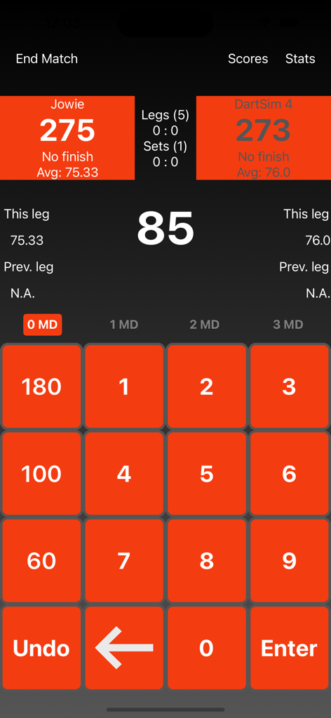 DartCohol Dart Scoreboard Lite - Digital dart scoreboard interface showing a match between a player and a simulator with a scoring keypad