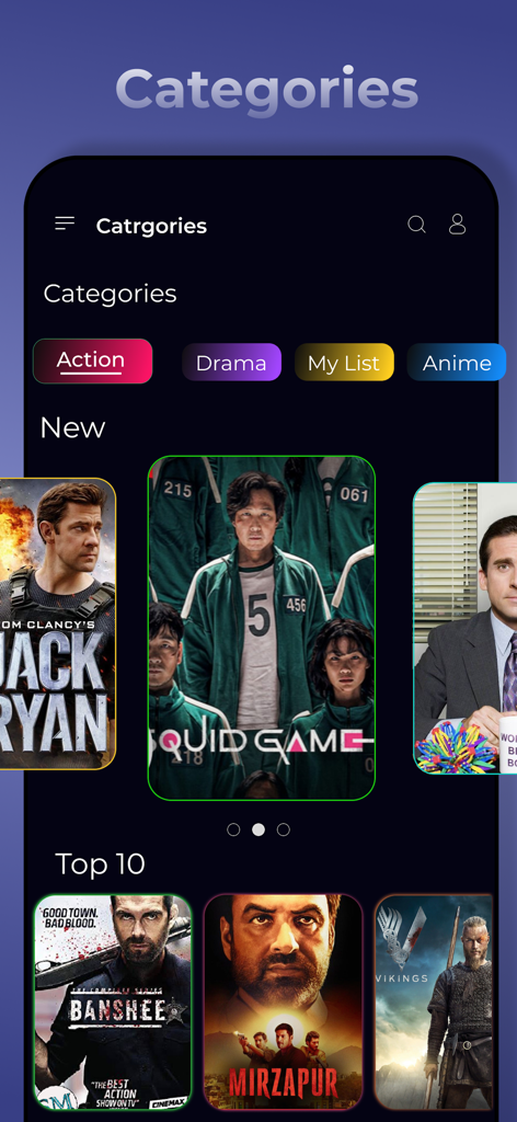 A mobile app interface showing categories like Action and Drama with featured movie posters for Squid Game and Jack Ryan.