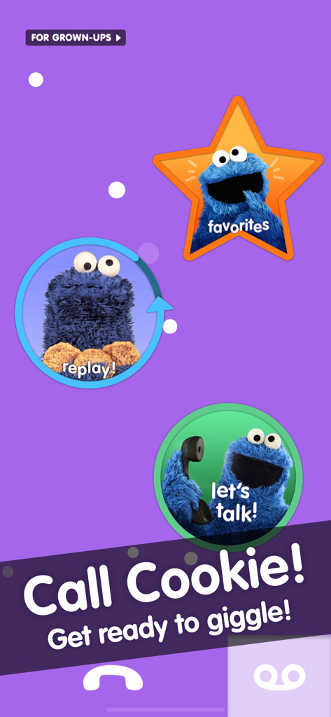 Cookie Calls - Main interface of the Cookie Calls app featuring Cookie Monster buttons