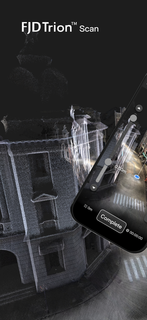 FJD Trion Scan - FJD Trion Scan mobile app displaying real-time 3D LiDAR point cloud data of a building