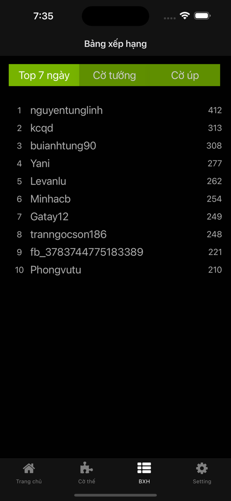 Co Up, Co Tuong Online XQChess - Top player leaderboard rankings in the Co Up and Co Tuong Online XQChess mobile app