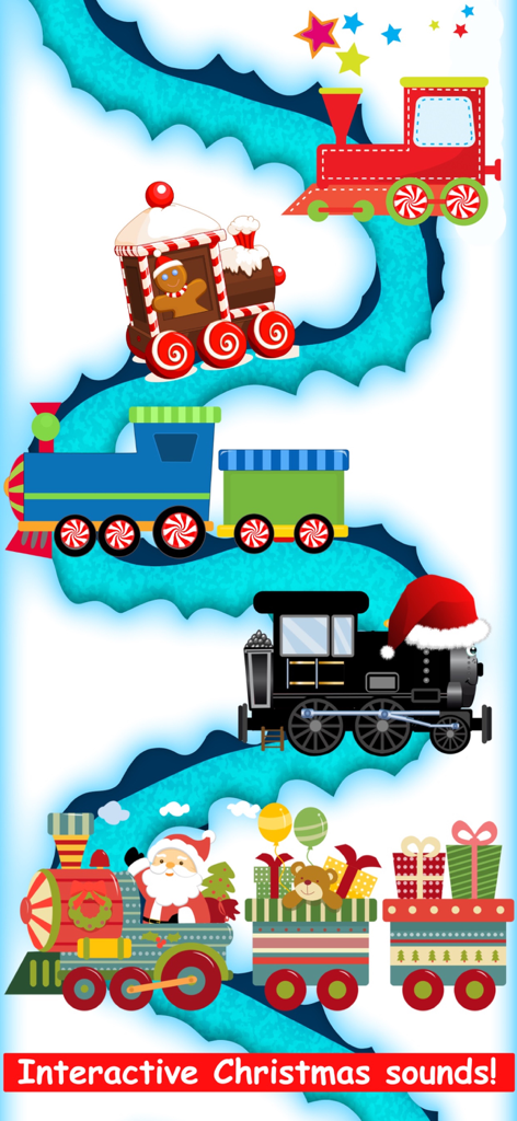 Christmas Train Snowman Games - Colorful illustrated Christmas trains with Santa and presents on a snowy track