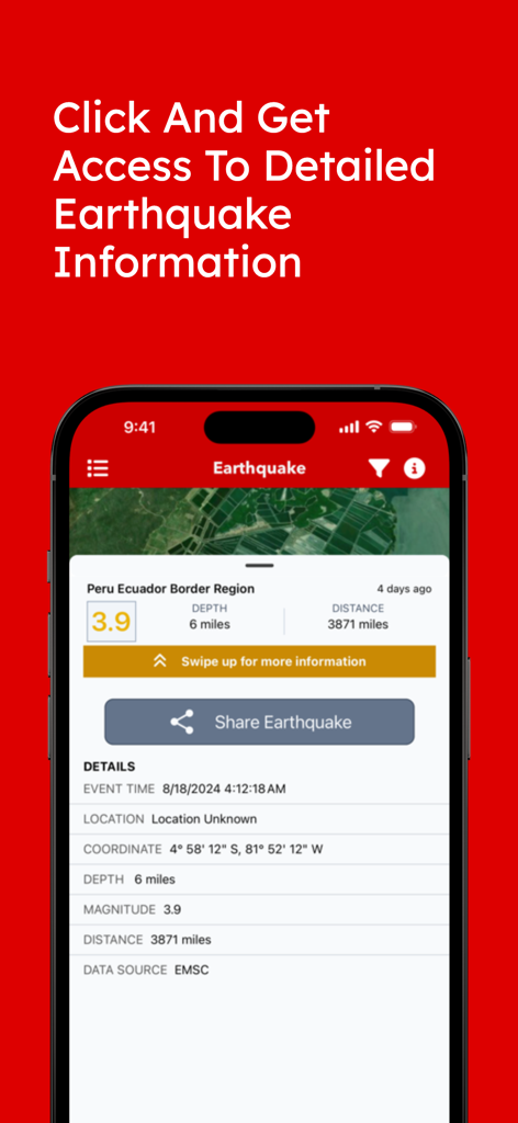 Visão detalhada de um evento de terremoto mostrando magnitude, localização e dados sísmicos no aplicativo Earthquake Quake Tracker