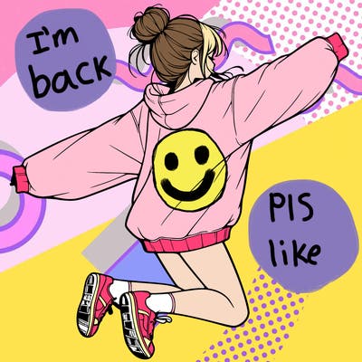 realistic girl jumping with a bun and oversized sweatshirt