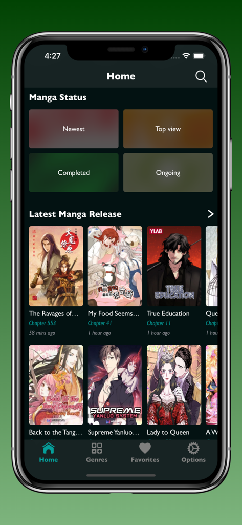 Startbildschirm der MangaKakalot-App mit Manga-Status und neuesten Veröffentlichungen