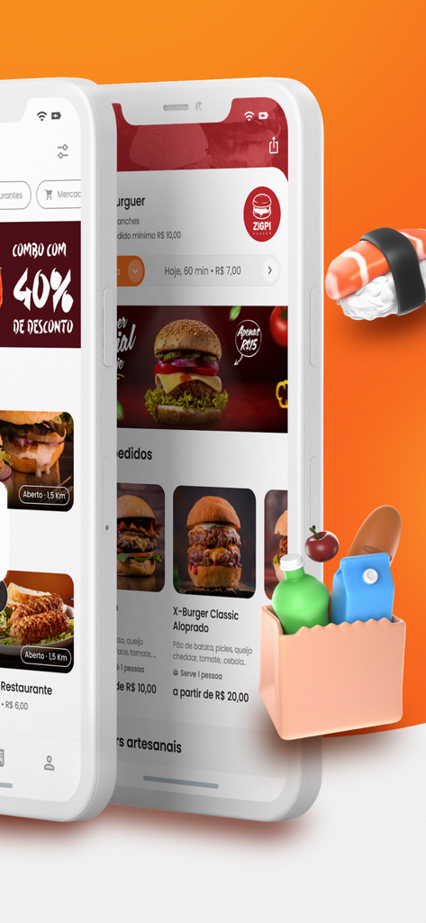 Pigz - Pigz delivery app interface on smartphones showing food and grocery options with 3D grocery icons.