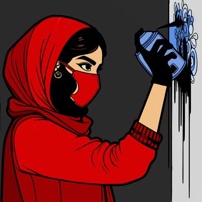 realistic girl with mask spray painting a wall