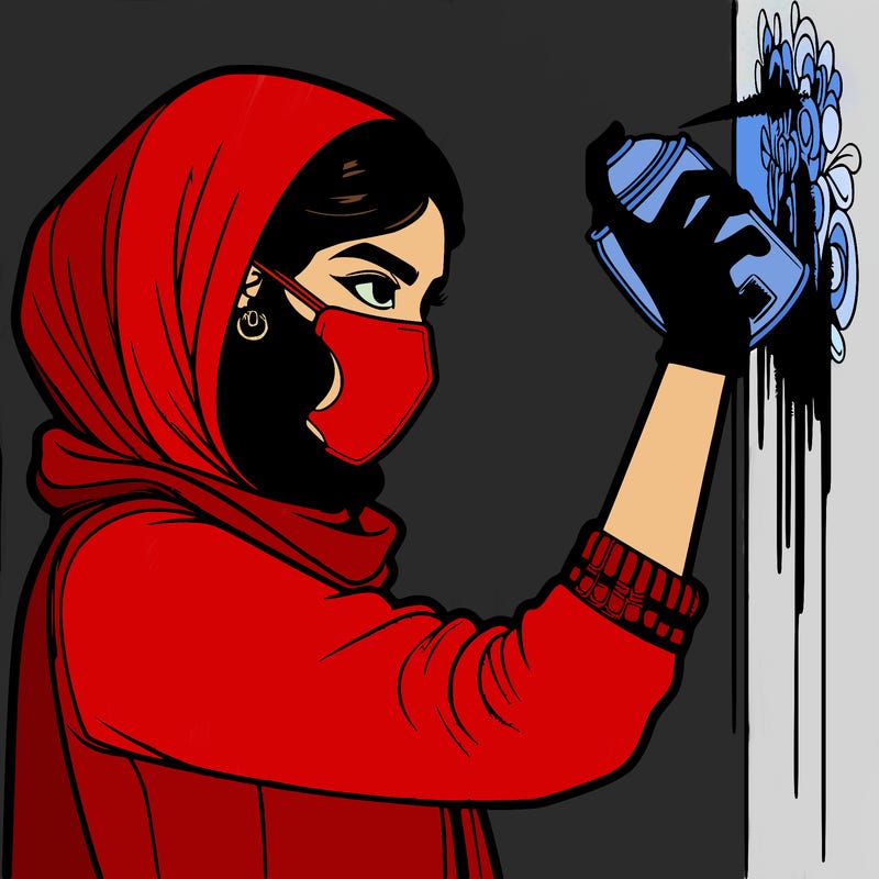 realistic girl with mask spray painting a wall